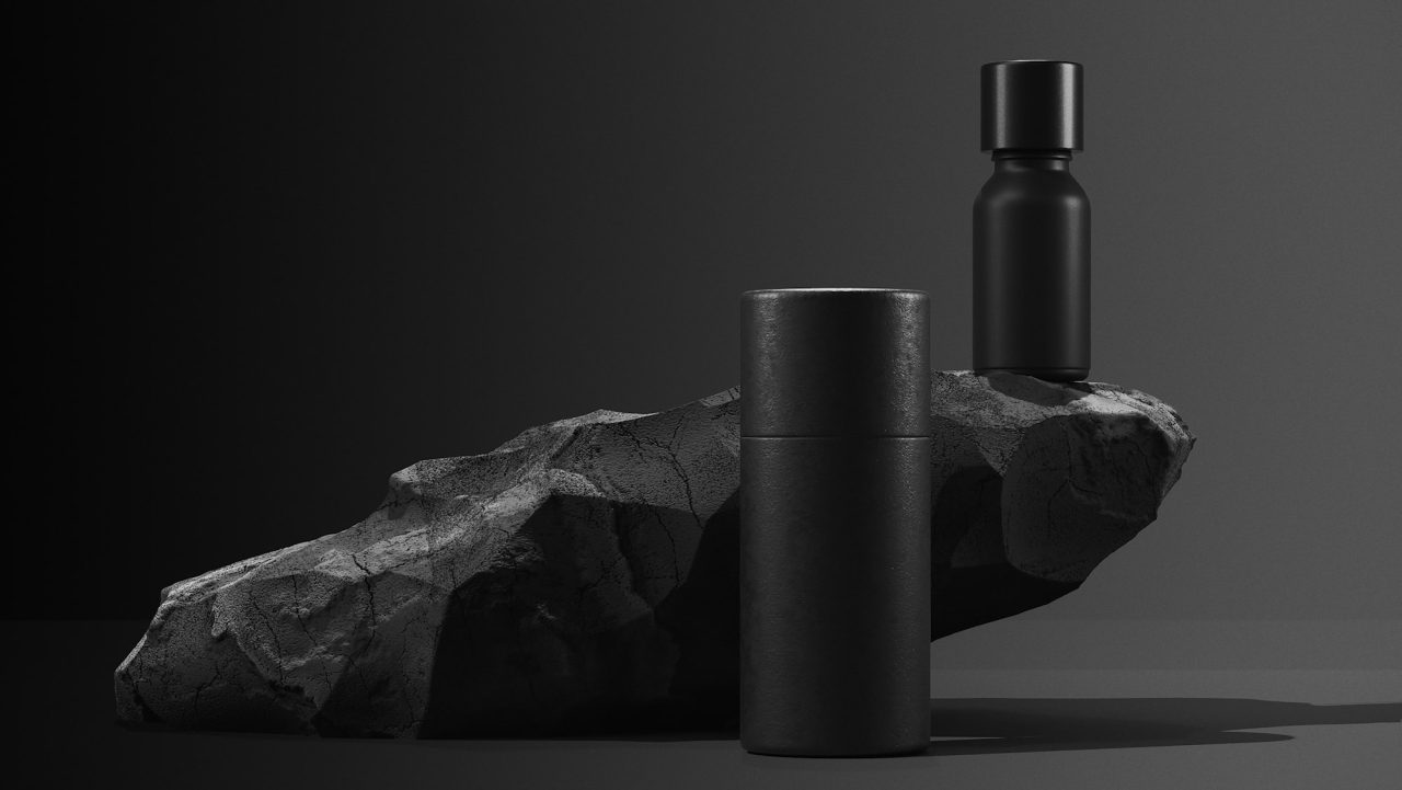 bottle of essential massage oil on stone beauty treatment minimal black design packaging mock up  DigitalAmy bottle of essential massage oil on stone beauty treatment minimal black design packaging mock up